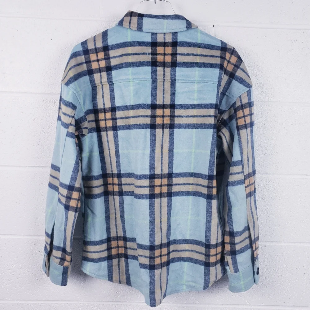 AVEC LES FILLES Oversized Plaid Button Front‎ Fleece Shacket Blue Women's  Small